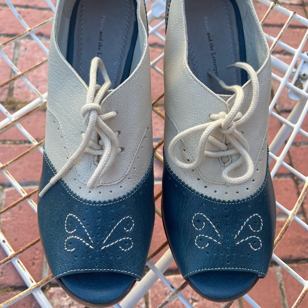 Picro and the Letterpress wedge peep-toe heels